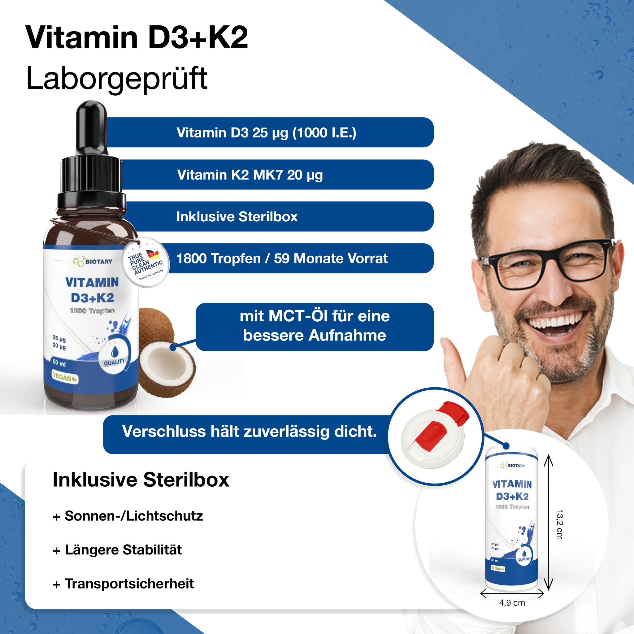 Vitaminas D3 y K2 en gotas: 1800 gotas / 50 ml