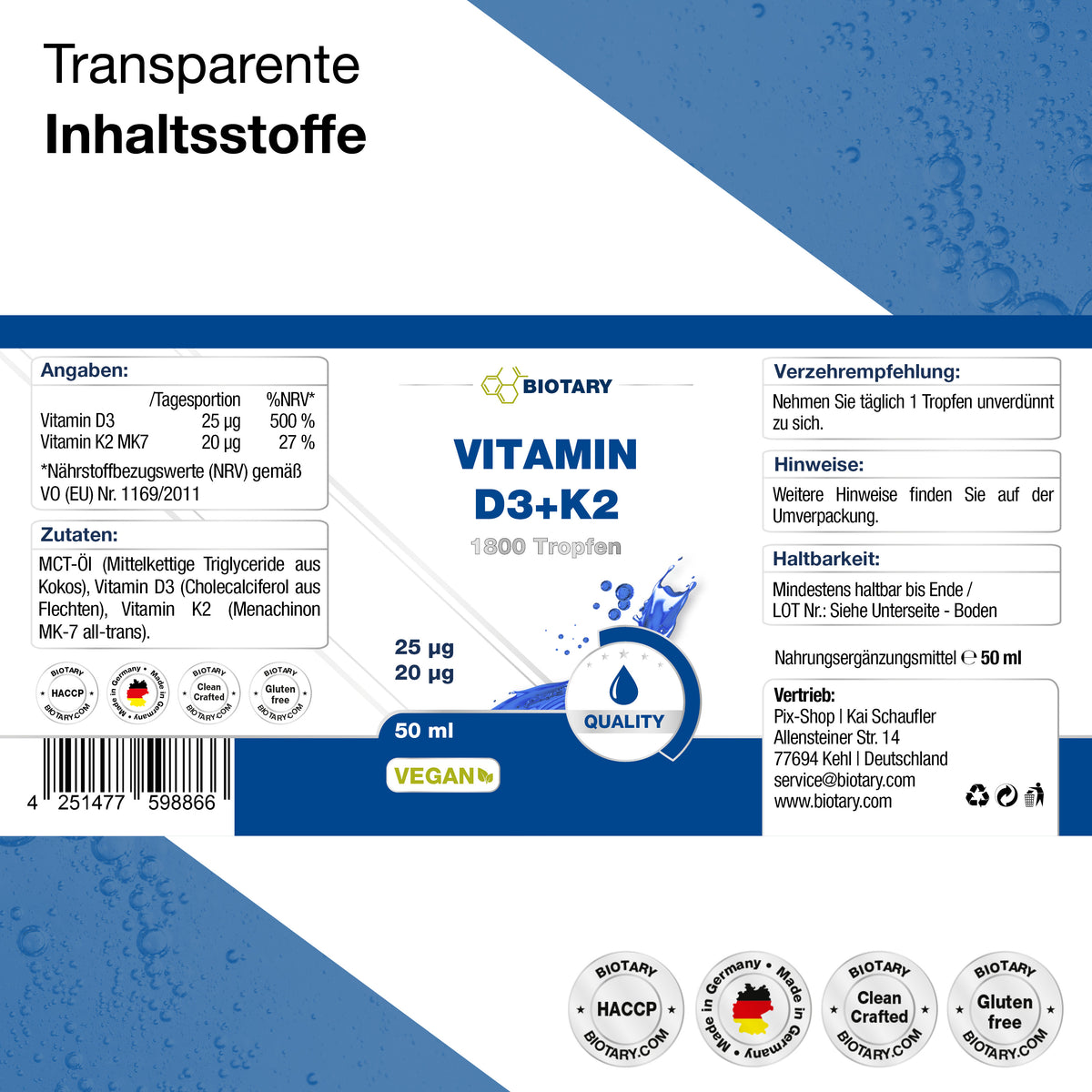 Vitaminas D3 y K2 en gotas: 1800 gotas / 50 ml