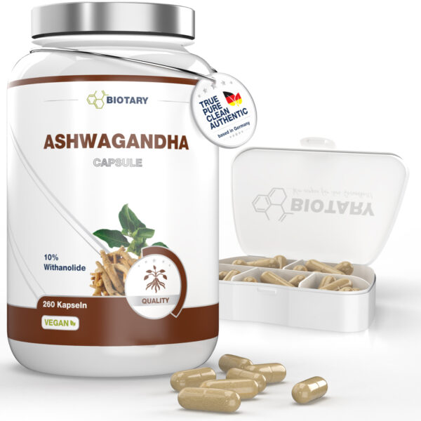 Ashwagandha-Kapsel-Dose und Kapselbox mit Ashwaganda Kapseln
